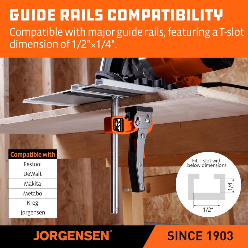 Jorgensen 6-5/8" Ratcheting Table Clamps, Quick Release Track Saw Clamps, Guide Rail Clamp for MFT Table and Guide Rail System, 2-7/8" Throat Depth, 400lbs Load Limit, 2 Pack - Image 4